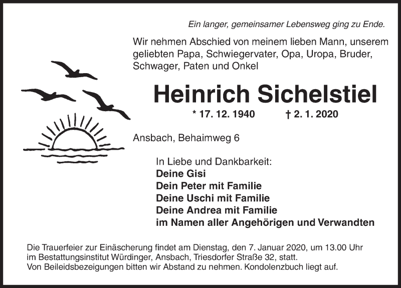  Traueranzeige für Heinrich Sichelstiel vom 04.01.2020 aus Ansbach