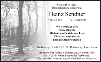 Traueranzeige von Heinz Sendner von Rothenburg