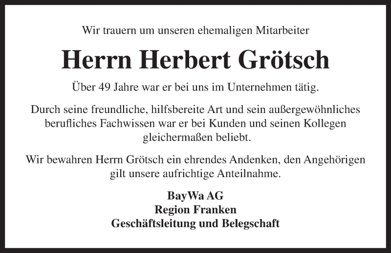  Traueranzeige für Herbert Grötsch vom 20.01.2020 aus Ansbach