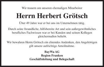 Traueranzeige von Herbert Grötsch von Ansbach