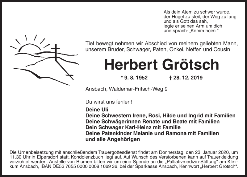  Traueranzeige für Herbert Grötsch vom 20.01.2020 aus Ansbach
