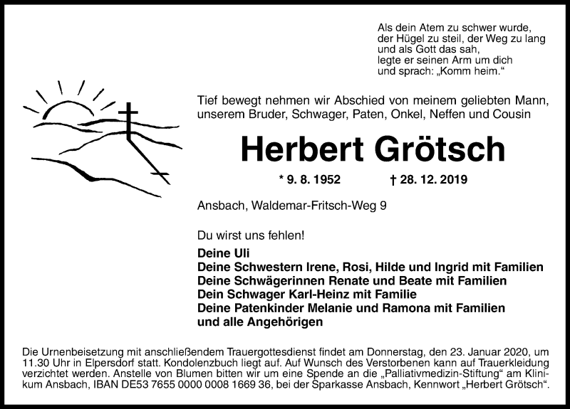  Traueranzeige für Herbert Grötsch vom 20.01.2020 aus Neustadt/ Scheinfeld/ Uffenheim