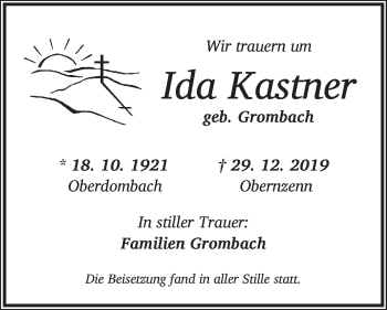 Traueranzeige von Ida Kastner von Ansbach