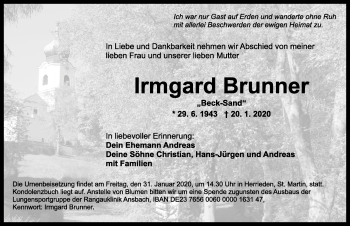 Traueranzeige von Irmgard Brunner von Dinkelsbühl/ Feuchtwangen