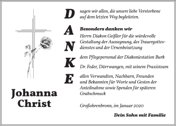 Traueranzeige von Johanna Christ von Dinkelsbühl/ Feuchtwangen