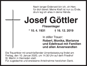 Traueranzeige von Josef Göttler von Ansbach