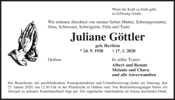 Traueranzeige von Juliane Göttler von Ansbach