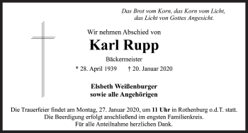 Traueranzeige von Karl Rupp von Rothenburg