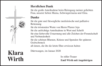 Traueranzeige von Klara Wirth von Dinkelsbühl/ Feuchtwangen