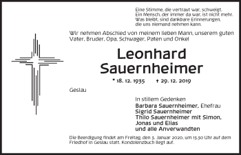 Traueranzeige von Leonhard Sauernheimer von Rothenburg (Fränkischer Anzeiger)