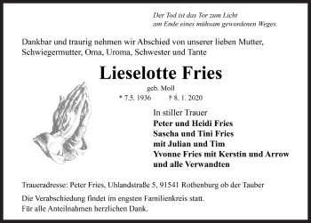 Traueranzeige von Lieselotte Fries von Rothenburg