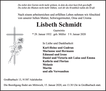 Traueranzeige von Lisbeth Schmidt von Neustadt/ Scheinfeld/ Uffenheim