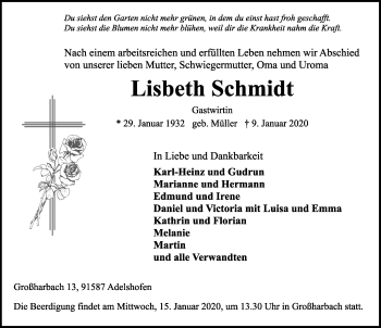 Traueranzeige von Lisbeth Schmidt von Rothenburg (Fränkischer Anzeiger)
