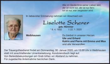 Traueranzeige von Liselotte Scherer von Neustadt/ Scheinfeld/ Uffenheim