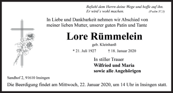Traueranzeige von Lore Rümmelein von Rothenburg