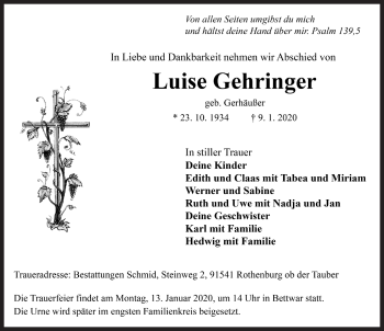 Traueranzeige von Luise Gehringer von Rothenburg