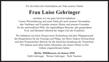 Traueranzeige von Luise Gehringer von Rothenburg