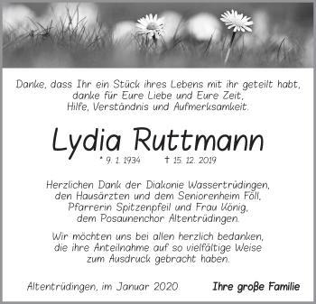 Traueranzeige von Lydia Ruttrnann von Dinkelsbühl/ Feuchtwangen