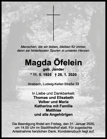 Traueranzeige von Magda Öfelein von Ansbach
