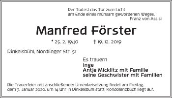 Traueranzeige von Manfred Förster von Dinkelsbühl/ Feuchtwangen