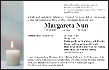 Traueranzeige von Margareta Nun von Neustadt/ Scheinfeld/ Uffenheim