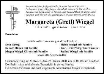 Traueranzeige von Margareta Wiegel von Neustadt/ Scheinfeld/ Uffenheim