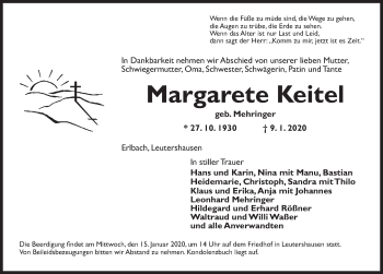 Traueranzeige von Margarete Keitel von Ansbach