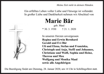 Traueranzeige von Marie Bär von Rothenburg