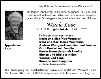 Traueranzeige von Marie Loos von Neustadt/ Scheinfeld/ Uffenheim