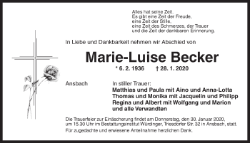 Traueranzeige von Marie-Luise Becker von Ansbach