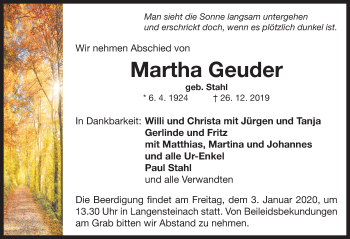 Traueranzeige von Martha Geuder von Neustadt/ Scheinfeld/ Uffenheim