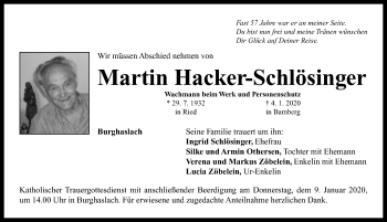 Traueranzeige von Martin Hacker-Schlösinger von Neustadt/ Scheinfeld/ Uffenheim