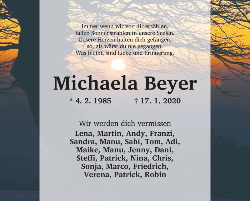  Traueranzeige für Michaela Beyer vom 21.01.2020 aus Dinkelsbühl/ Feuchtwangen