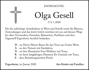 Traueranzeige von Olga Gesell von Neustadt/ Scheinfeld/ Uffenheim