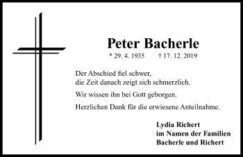 Traueranzeige von Peter Bacherle von Neustadt/ Scheinfeld/ Uffenheim