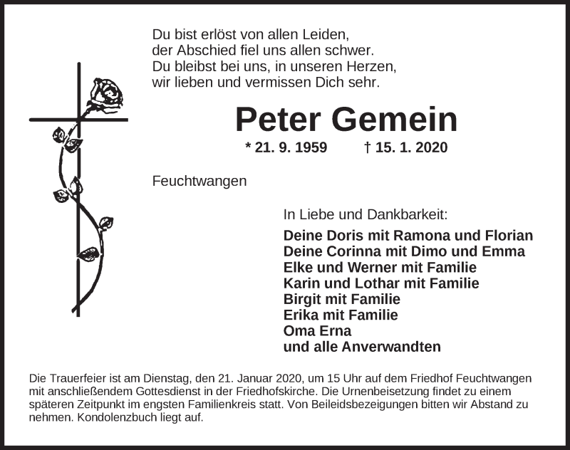  Traueranzeige für Peter Gemein vom 18.01.2020 aus Dinkelsbühl/ Feuchtwangen
