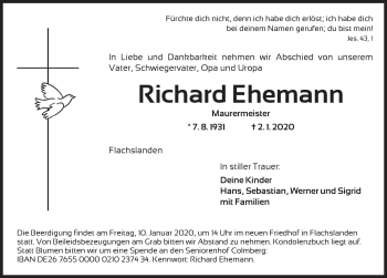 Traueranzeige von Richard Ehemann von Ansbach