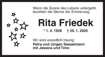 Traueranzeige von Rita Friedek von Ansbach