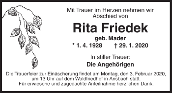 Traueranzeige von Rita Friedek von Ansbach