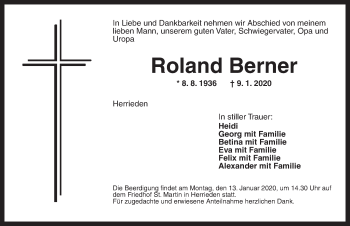 Traueranzeige von Roland Berner von Ansbach