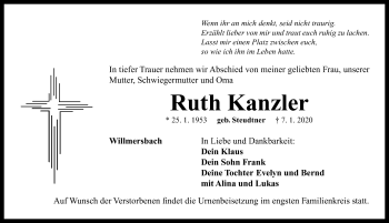 Traueranzeige von Ruth Kanzler von Neustadt/ Scheinfeld/ Uffenheim