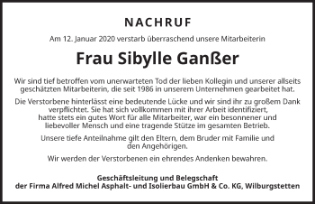 Traueranzeige von Sibylle Ganßer von Dinkelsbühl/ Feuchtwangen