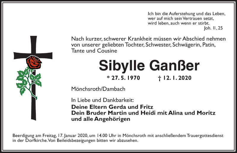  Traueranzeige für Sibylle Ganßer vom 16.01.2020 aus Dinkelsbühl/ Feuchtwangen