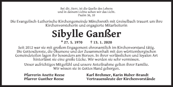 Traueranzeige von Sibylle Ganßer von Dinkelsbühl/ Feuchtwangen