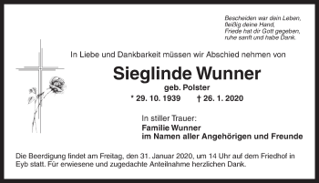 Traueranzeige von Sieglinde Wunner von Ansbach