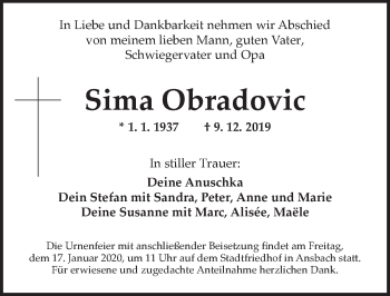 Traueranzeige von Sima Obradovic von Ansbach