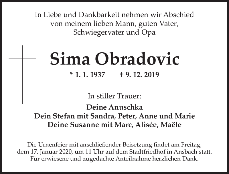  Traueranzeige für Sima Obradovic vom 11.01.2020 aus Ansbach