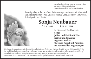 Traueranzeige von Sonja Neubauer von Ansbach