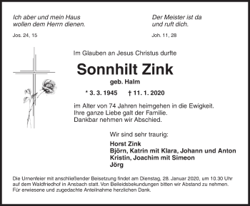 Traueranzeige von Sonnhilt Zink von Ansbach