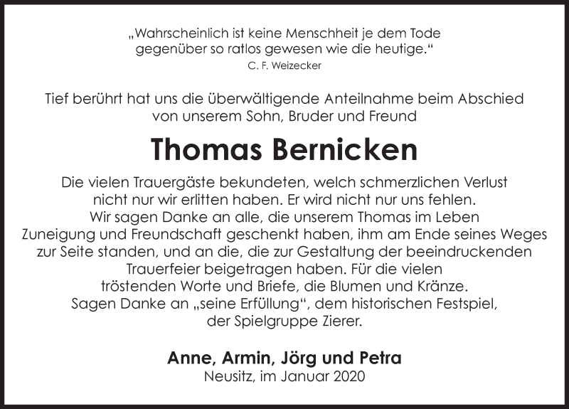  Traueranzeige für Thomas Bernicken vom 09.01.2020 aus Rothenburg